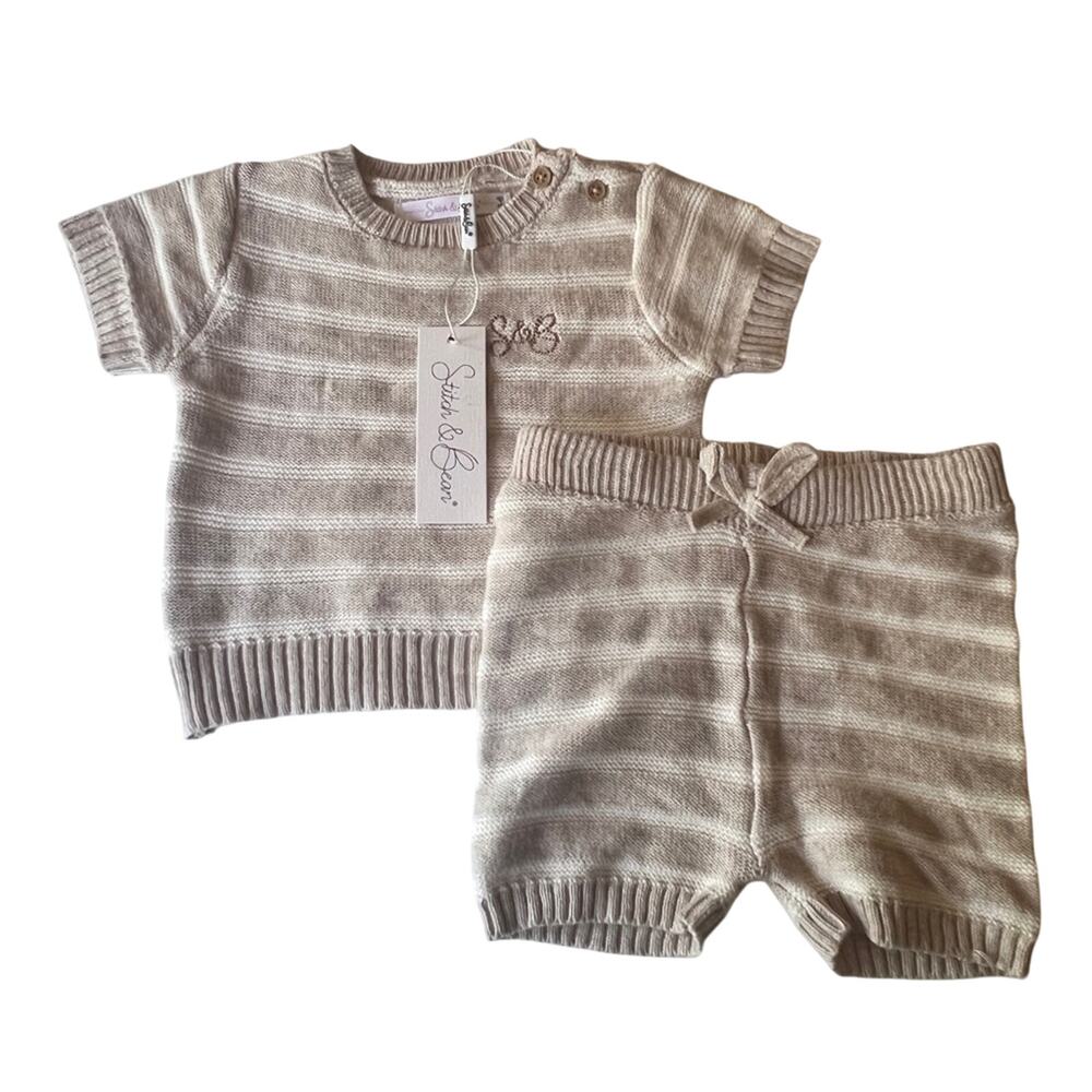 Stitch and Bean Baby Crewneck Sweater White Stripe Shorts Sweater Set Sz 3-6 NWT